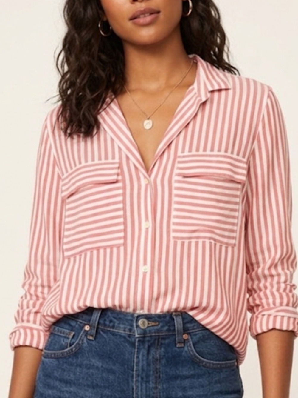 GAP Red White Striped Button Up Blouse Drapey Utility Shirt Small